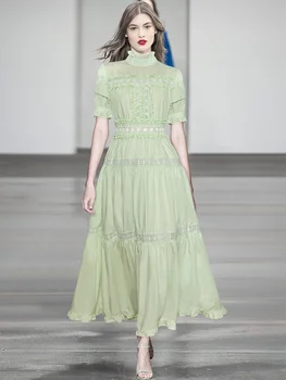 2023 Vasaros Mados Dizaineris Moterų Ilga Suknelė Vintage vientisos Spalvos Stovėti Apykaklės, Raukiniai Hollow-Out-LINE Princesė Vestidos