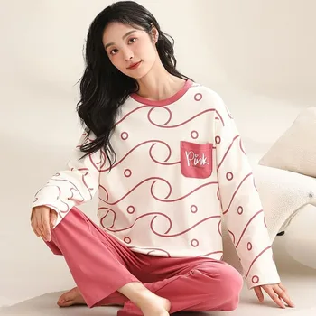 Grynos Medvilnės Pižama 2024 Pavasarį Moterys Ilgomis Rankovėmis Kelnės Sleepwear Nustatyti Moterų Prarasti Saldus Laisvalaikio Apvalios Kaklo Homewear Kostiumas