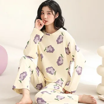Grynos Medvilnės Pižama 2024 Pavasarį Moterys Ilgomis Rankovėmis Kelnės Sleepwear Nustatyti Moterų Prarasti Saldus Laisvalaikio Apvalios Kaklo Homewear Kostiumas