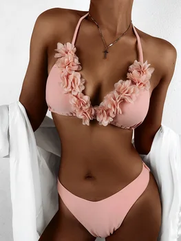 Gėlių vientisos Spalvos Dviejų dalių maudymosi kostiumėlis Moterims Nailono Akių Lotus Sexy Nėrinių Liemenėlė, Diržas Bikini Komplektas 2023 Naujas Paplūdimio Maudymosi Kostiumą, maudymosi Kostiumėliai,