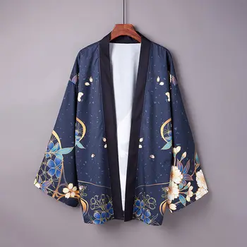 Harajuku Streetwear Tradicinių Haori Japonijos Sakura Krano Kimono Marškinėliai Moterims, Vyrams Vasaros Paplūdimio Cardigan Viršūnės