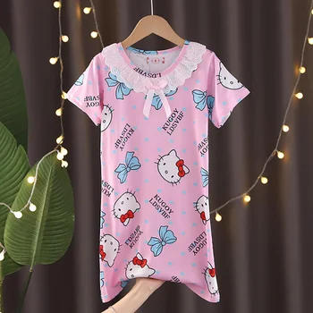 Kawaii Sanrio Hello Kitty Nightdress Kuromi Cinnamoroll Mymelody Vaikų Pižamą Anime Pajama Suknelė Trumpomis Rankovėmis Namų Drabužiai