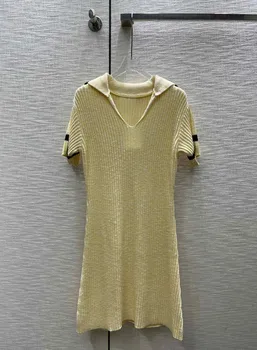 Kontrastingos spalvos V formos atlošas trumpas rankovėmis suknelė elastinga megzti audinio atsitiktinis mados 2023 vasaros naują stilių 0330
