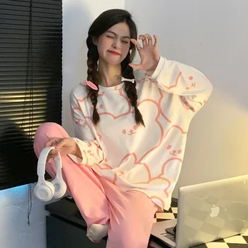 Rudenį, Pavasarį Medvilnės Pižama Rinkiniai Moterims Lounge Mielas Sleepwear Ilgomis Rankovėmis Atsitiktinis Palaidų Naktiniai Drabužiai, Laisvalaikio Korėjos Moterų Pijamas