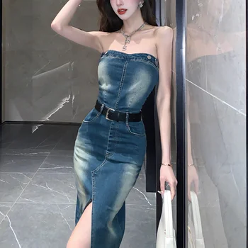 Stilingas, Seksualus Stebėjimo Džinsinio Audinio Suknelė Moterims Korėjos Vasaros Rankovių Split Tipo Ilgos Suknelės Atsitiktinis Slim Džinsai Vestidos