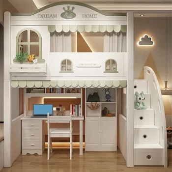 Vaikų pilis tree house bed išskirstytų viršutinės ir apatinės miegamosios vietos dvigubo sluoksnio aukštos ir žemos lovą kartu miegoti, stalas