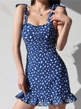 Vasaros Blue Dot Leopardas Spausdinti Moterų Suknelė Ruffles hem Laivapriekio Kaklaraištis Diržas Rankovių Mini Chalatai Seksualus Paplūdimio Atostogų Derliaus Vestidos